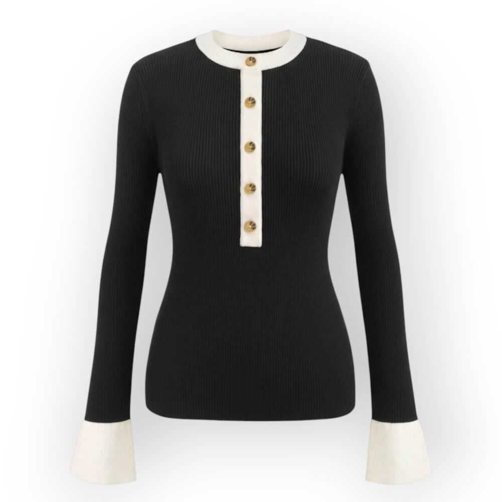 Black White Contrast Ribbed Knit Sweater SheShow XL Button Detail Minimal Chic